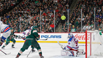 ST. PAUL, MN - MARCH 16: Jared Spurgeon #46 of the Minnesota Wild beats Henrik Lundqvist #30 of the New York Rangers for a 3rd period power play goal during a game at Xcel Energy Center on March 16, 2019 in St. Paul, Minnesota.(Photo by Bruce Kluckhohn/NHLI via Getty Images)