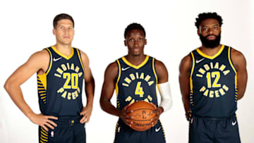 INDIANAPOLIS - SEPTEMBER 24: Doug McDermott #20, Victor Oladipo #4 and Tyreke Evans #12 of the Indiana Pacers pose for a head shot during the Pacers Media Day on September 24, 2018 in Indianapolis, Indiana. (Photo by Ron Hoskins/NBAE via Getty Images)