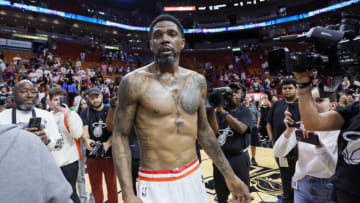Apr 9, 2023; Miami, Florida, USA; Miami Heat forward Udonis Haslem (40) looks on after playing his last regular season career game at Kaseya Center. Mandatory Credit: Sam Navarro-USA TODAY Sports