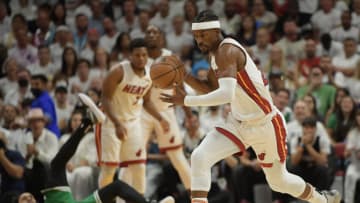 Miami Heat forward Jimmy Butler (22) brings the ball up court during the first half of game seven of the 2022 eastern conference finals(Jim Rassol-USA TODAY Sports)