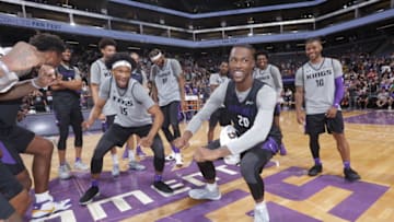 SACRAMENTO, CA - OCTOBER 7: Harry Giles III #20 of the Sacramento Kings entertains the fans during the Sacramento Kings Fan Fest on October 7, 2018 at Golden 1 Center in Sacramento, California. NOTE TO USER: User expressly acknowledges and agrees that, by downloading and/or using this Photograph, user is consenting to the terms and conditions of the Getty Images License Agreement. Mandatory Copyright Notice: Copyright 2018 NBAE (Photo by Rocky Widner/NBAE via Getty Images)