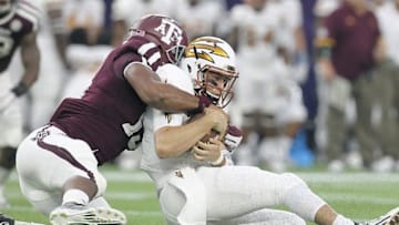 Sep 5, 2015; Houston, TX, USA; Texas A&M Aggies defensive lineman Myles Garrett (15) sacks Arizona State Sun Devils quarterback Mike Bercovici (2) in the first quarter at NRG Stadium. Mandatory Credit: Thomas B. Shea-USA TODAY Sports