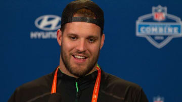 Feb 24, 2016; Indianapolis, IN, USA; Ohio State offensive lineman Taylor Decker speaks to the media during the 2016 NFL Scouting Combine at Lucas Oil Stadium. Mandatory Credit: Trevor Ruszkowski-USA TODAY Sports