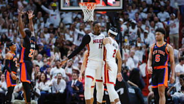 May 8, 2023; Miami, Florida, USA; Miami Heat center Bam Adebayo (13) celebrates with guard Gabe Vincent (2) after scoring against the New York Knicks in the second quarter during game four of the 2023 NBA playoffs at Kaseya Center. Mandatory Credit: Sam Navarro-USA TODAY Sports