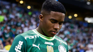 SAO PAULO, BRAZIL - FEBRUARY 26: Endrick of Palmeiras enters the field during a match between Palmeiras and Ferroviaria as part of the Paulista State Championship at Allianz Parque on February 26, 2023 in Sao Paulo, Brazil. (Photo by Alexandre Schneider/Getty Images)