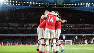 LONDON, ENGLAND - FEBRUARY 23: Pierre-Emerick Aubameyang of Arsenal FC celebrate with his team mates Nicolas Pepe, Héctor Bellerin, Eddie Nketiah after scoring his 2nd and his team's 3rd goal during the Premier League match between Arsenal FC and Everton FC at Emirates Stadium on February 23, 2020 in London, United Kingdom. (Photo by Sebastian Frej/MB Media/Getty Images)