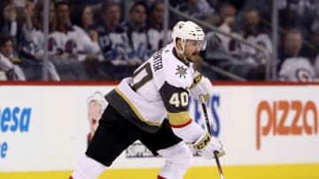WINNIPEG, MB - MAY 12: Ryan Carpenter #40 of the Vegas Golden Knights takes the puck in the second period against the Winnipeg Jets in Game One of the Western Conference Finals during the 2018 NHL Stanley Cup Playoffs at Bell MTS Place on May 12, 2018 in Winnipeg, Canada. (Photo by Elsa/Getty Images)
