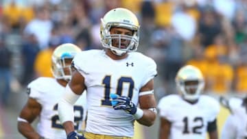 Nov 8, 2014; Tempe, AZ, USA; Notre Dame Fighting Irish safety Max Redfield (10) against the Arizona State Sun Devils at Sun Devil Stadium. Arizona State defeated Notre Dame 55-31. Mandatory Credit: Mark J. Rebilas-USA TODAY Sports