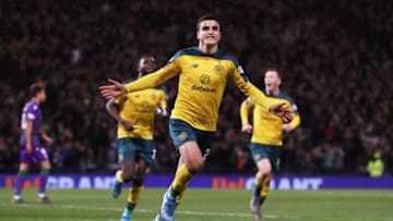 GLASGOW, SCOTLAND - NOVEMBER 02: Mohamed Elyounoussi of Celtic FC celebrates after scoring his team's first goal during the Betfred Cup Semi-Final match between Hibernan and Celtic at Hampden Park on November 02, 2019 in Glasgow, Scotland. (Photo by Ian MacNicol/Getty Images)