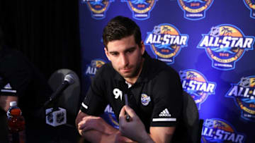 TAMPA, FL - JANUARY 27: John Tavares #91 of the New York Islanders addresses the media during Media Day for the 2018 NHL All-Star at the Grand Hyatt Hotel on January 27, 2018 in Tampa, Florida. (Photo by Bruce Bennett/Getty Images)