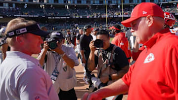 OAKLAND, CA - SEPTEMBER 15: Head coach Jon Gruden of the Oakland Raiders shakes hand with head coach Andy Reid of the Kansas City Chiefs after the Chiefs defeated the Raiders 28-10 at RingCentral Coliseum on September 15, 2019 in Oakland, California. (Photo by Thearon W. Henderson/Getty Images)