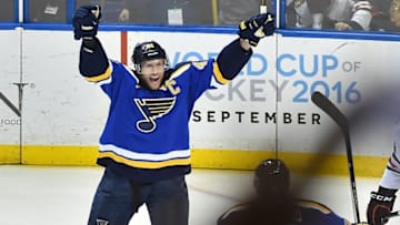 Apr 13, 2016; St. Louis, MO, USA; St. Louis Blues center David Backes (42) celebrates scoring the game winning goal in overtime against the Chicago Blackhawks in game one of the first round of the 2016 Stanley Cup Playoffs at Scottrade Center. The St. Louis Blues defeat the Chicago Blackhawks 1-0. Mandatory Credit: Jasen Vinlove-USA TODAY Sports