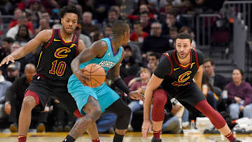 CLEVELAND, OHIO - DECEMBER 18: Terry Rozier #3 of the Charlotte Hornets is double-teamed by Darius Garland #10 and Larry Nance Jr. #22 of the Cleveland Cavaliers during the second half at Rocket Mortgage Fieldhouse on December 18, 2019 in Cleveland, Ohio. The Cavaliers defeated the Hornets 100-98. NOTE TO USER: User expressly acknowledges and agrees that, by downloading and/or using this photograph, user is consenting to the terms and conditions of the Getty Images License Agreement. (Photo by Jason Miller/Getty Images)