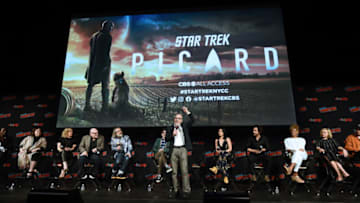 NEW YORK, NEW YORK - OCTOBER 05: Heather Leyton Kadin, Akiva Goldsman, Michael Chabon, Alex Kurtzman, Sir Patrick Stewart, Isa Briones, Santiago Cabrera, Michelle Hurd, Alison Pill, Harry Treadaway, and Evan Evagora speak onstage during the Star Trek Universe panel during New York Comic Con 2019 Day 3 at the Hulu Theater at Madison Square Garden on October 05, 2019 in New York City. (Photo by Ilya S. Savenok/Getty Images for ReedPOP )
