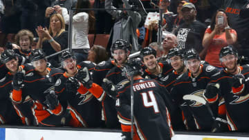 ANAHEIM, CA - OCTOBER 7: Cam Fowler #4 of the Anaheim Ducks celebrates his short-handed goal with his teammates in the third period of the game against the Philadelphia Flyers on October 7, 2017 at Honda Center in Anaheim, California. (Photo by Debora Robinson/NHLI via Getty Images)