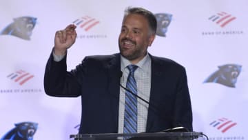 Carolina Panthers new head coach Matt Rhule during an introductory news conference at Atrium Health Dome in Charlotte, N.C., on Wednesday, Jan. 8, 2020. (David T. Foster III/Charlotte Observer/Tribune News Service via Getty Images)
