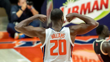 Feb 25, 2021; Champaign, Illinois, USA; Illinois Fighting Illini guard Da'Monte Williams (20) reacts during the second half against the Nebraska Cornhuskers at the State Farm Center. Mandatory Credit: Patrick Gorski-USA TODAY Sports