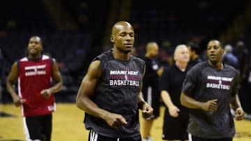 Jun 4, 2014; San Antonio, TX, USA; Miami Heat guard Ray Allen (34) during practice before game one of the 2014 NBA Finals against the San Antonia Spurs at the AT&T Center. Mandatory Credit: Bob Donnan-USA TODAY Sports