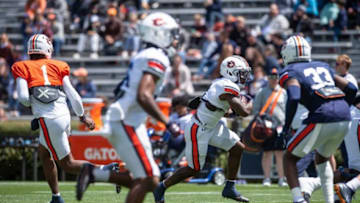 Auburn football running back Tank Bigsby (4) runs the ball during the A-Day spring practice at Jordan-Hare Stadium in Auburn, Ala., on Saturday, April 9, 2022.