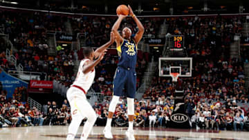 CLEVELAND, OH - OCTOBER 6: Myles Turner #33 of the Indiana Pacers shoots the ball during the preseason game against the Cleveland Cavaliers on October 6, 2017 at Quicken Loans Arena in Cleveland, Ohio. NOTE TO USER: User expressly acknowledges and agrees that, by downloading and or using this Photograph, user is consenting to the terms and conditions of the Getty Images License Agreement. Mandatory Copyright Notice: Copyright 2017 NBAE (Photo by Nathaniel S. Butler/NBAE via Getty Images)