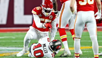 Feb 4, 2020; Tampa, FL, USA; Kansas City Chiefs defensive end Frank Clark (55) reacts after tackling Tampa Bay Buccaneers wide receiver Scott Miller (10) during the first quarter in Super Bowl LV at Raymond James Stadium. Mandatory Credit: Matthew Emmons-USA TODAY Sports