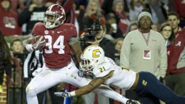 Nov 19, 2016; Tuscaloosa, AL, USA; Alabama Crimson Tide running back Damien Harris (34) scores a touchdown against the Chattanooga Mocs at Bryant-Denny Stadium. Mandatory Credit: Marvin Gentry-USA TODAY Sports