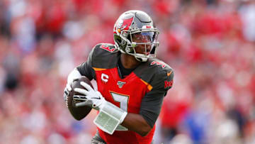 TAMPA, FLORIDA - DECEMBER 29: Jameis Winston #3 of the Tampa Bay Buccaneers runs into the endzone to convert a two-point conversion against the Atlanta Falcons during the first half at Raymond James Stadium on December 29, 2019 in Tampa, Florida. (Photo by Michael Reaves/Getty Images)