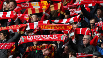 LIVERPOOL, ENGLAND - MARCH 07: Fans of Liverpool show their support during the Premier League match between Liverpool FC and AFC Bournemouth at Anfield on March 07, 2020 in Liverpool, United Kingdom. (Photo by Alex Livesey - Danehouse/Getty Images )
