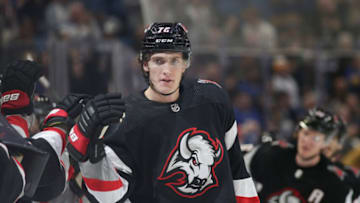 BUFFALO, NEW YORK - DECEMBER 13: Tage Thompson #72 of the Buffalo Sabres celebrates after scoring a goal during the third period of an NHL hockey game against the Los Angeles Kings at KeyBank Center on December 13, 2022 in Buffalo, New York. (Photo by Joshua Bessex/Getty Images)
