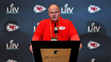 AVENTURA, FLORIDA - JANUARY 28: Head Coach Andy Reid of the Kansas City Chiefs speaks to the media during the Kansas City Chiefs media availability prior to Super Bowl LIV at the JW Marriott Turnberry on January 28, 2020 in Aventura, Florida. (Photo by Mark Brown/Getty Images)