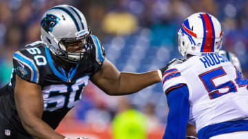 ORCHARD PARK, NY - AUGUST 14: Daryl Williams #60 of the Carolina Panthers defends the backfield during the second half against the Buffalo Bills on August 14, 2015 during a preseason game at Ralph Wilson Stadium in Orchard Park, New York. Carolina defeats Buffalo 25-24. (Photo by Brett Carlsen/Getty Images)