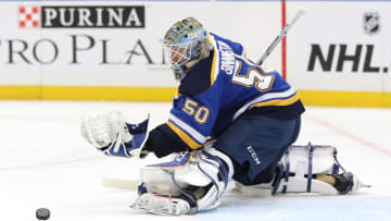 ST LOUIS, MISSOURI - MAY 21: Jordan Binnington #50 of the St. Louis Blues makes a save against the San Jose Sharks during the third period in Game Six of the Western Conference Finals during the 2019 NHL Stanley Cup Playoffs at Enterprise Center on May 21, 2019 in St Louis, Missouri. (Photo by Elsa/Getty Images)