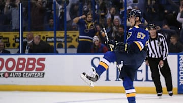 Nov 17, 2016; St. Louis, MO, USA; St. Louis Blues left wing David Perron (57) celebrates after scoring a goal against the San Jose Sharks during the second period at Scottrade Center. Mandatory Credit: Jeff Curry-USA TODAY Sports