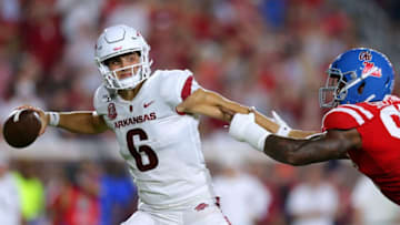 OXFORD, MISSISSIPPI - SEPTEMBER 07: Ben Hicks #6 of the Arkansas Razorbacks is pressured by Qaadir Sheppard #97 of the Mississippi Rebels during the first half of a game at Vaught-Hemingway Stadium on September 07, 2019 in Oxford, Mississippi. (Photo by Jonathan Bachman/Getty Images)