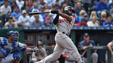 May 18, 2016; Kansas City, MO, USA; Boston Red Sox center fielder Jackie Bradley Jr. (25) singles to extend his hitting streak to 23 games against the Kansas City Royals during the ninth inning at Kauffman Stadium. Mandatory Credit: Peter G. Aiken-USA TODAY Sports