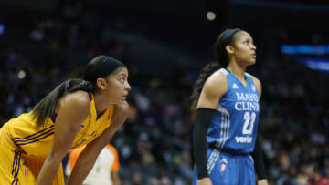 LOS ANGELES, CA - SEPTEMBER 29: Candace Parker #3 of the Los Angeles Sparks plays defense against Maya Moore #23 of the Minnesota Lynx in Game Three of the 2017 WNBA Finals on September 29, 2017 at the STAPLES Center in Los Angeles, California. NOTE TO USER: User expressly acknowledges and agrees that, by downloading and or using this photograph, user is consenting to the terms and conditions of the Getty Images License Agreement. Mandatory Copyright Notice: Copyright 2017 NBAE (Photos by David Sherman/NBAE via Getty Images)