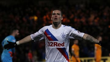LIVINGSTON, SCOTLAND - JANUARY 27: Ryan Kent of Rangers (14) celebrates as he scores his team's second goal during the Ladbrokes Premiership match between Livingston and Rangers at Tony Macaroni Arena on January 27, 2019 in Livingston, United Kingdom. (Photo by Ian MacNicol/Getty Images)