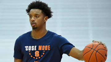 SYRACUSE, NY - JANUARY 07: Elijah Hughes #33 of the Syracuse Orange warms up prior to the game against the Virginia Tech Hokies at the Carrier Dome on January 7, 2020 in Syracuse, New York. (Photo by Rich Barnes/Getty Images)