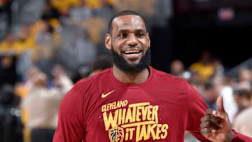 CLEVELAND, OH - MAY 7: LeBron James #23 of the Cleveland Cavaliers warms up before Game Four of the Eastern Conference Semifinals against the Toronto Raptors during the 2018 NBA Playoffs on May 7, 2018 at Quicken Loans Arena in Cleveland, Ohio. NOTE TO USER: User expressly acknowledges and agrees that, by downloading and/or using this photograph, user is consenting to the terms and conditions of the Getty Images License Agreement. Mandatory Copyright Notice: Copyright 2018 NBAE (Photo by David Liam Kyle/NBAE via Getty Images)