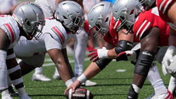 April 15, 2023; Columbus, Ohio, USA; The scarlet and gray teams square off during the first quarter of the Ohio State spring football game Saturday at Ohio Stadium.Mandatory Credit: Barbara J. Perenic/Columbus DispatchLEAD PHOTO 04 Ohio State Spring Game Bjp