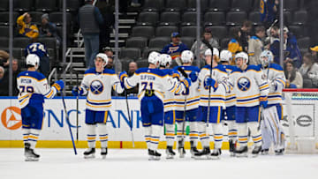 Jan 24, 2023; St. Louis, Missouri, USA; Buffalo Sabres celebrate after defeating the St. Louis Blues at Enterprise Center. Mandatory Credit: Jeff Curry-USA TODAY Sports