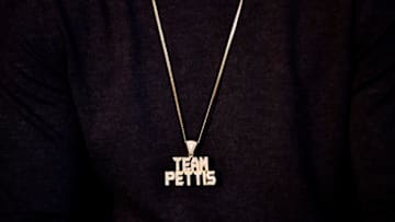 BROOKLYN, NY - APRIL 05: A detail shot of a necklace worn by Anthony Pettis during the UFC 223 Ultimate Media Day inside Barclays Center on April 5, 2018 in Brooklyn, New York. (Photo by Jeff Bottari/Zuffa LLC/Zuffa LLC via Getty Images)