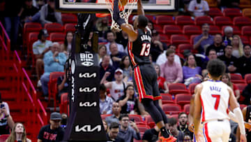 Bam Adebayo #13 of the Miami Heat dunks against the Detroit Pistons(Photo by Megan Briggs/Getty Images)