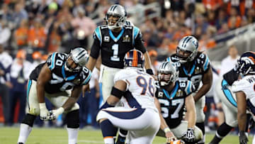 Feb 7, 2016; Santa Clara, CA, USA; Carolina Panthers quarterback Cam Newton (1) calls out at the line of scrimmage during the fourth quarter against the Denver Broncos in Super Bowl 50 at Levi