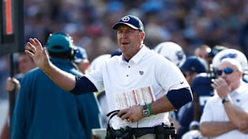 NASHVILLE, TN - DECEMBER 03: Head coach Mike Mularkey of the Tennessee Titans reacts against the Houston Texans during the first half at Nissan Stadium on December 3, 2017 in Nashville, Tennessee. (Photo by Wesley Hitt/Getty Images)