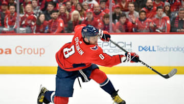 WASHINGTON, DC - JANUARY 29: Capitals left wing Alexander Alex Ovechkin (8) takes a shot on net during the Nashville Predators vs. Washington Capitals NHL game on January 29, 2020 at Capital One Arena in Washington, D.C.. (Photo by Randy Litzinger/Icon Sportswire via Getty Images)