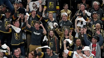 LAS VEGAS, NV - MAY 30: Vegas Golden Knights fans cheer in the third period of Game Two of the 2018 NHL Stanley Cup Final against the Washington Capitals at T-Mobile Arena on May 30, 2018 in Las Vegas, Nevada. The Capitals defeated the Golden Knights 3-2. (Photo by Ethan Miller/Getty Images)