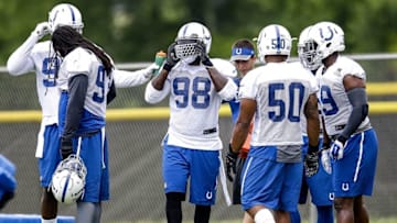 Jul 28, 2016; Anderson, IN, USA; Indianapolis Colts linebacker Robert Mathis (98) takes a break after drills during the Indianapolis Colts NFL training camp at Anderson University. Mandatory Credit: Mykal McEldowney/Indy Star via USA TODAY NETWORK