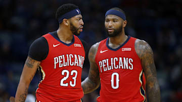 NEW ORLEANS, LA - NOVEMBER 29: DeMarcus Cousins #0 of the New Orleans Pelicans and Anthony Davis #23 of the New Orleans Pelicans react during the first half of a game against the Minnesota Timberwolves at the Smoothie King Center on November 29, 2017 in New Orleans, Louisiana. NOTE TO USER: User expressly acknowledges and agrees that, by downloading and or using this Photograph, user is consenting to the terms and conditions of the Getty Images License Agreement. (Photo by Jonathan Bachman/Getty Images)
