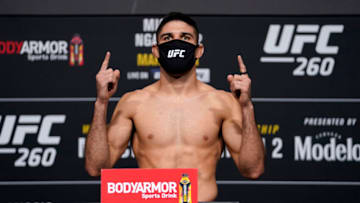 LAS VEGAS, NEVADA - MARCH 26: In this handout photo provided by UFC, Vicente Luque poses on the scale during the UFC 260 weigh-in at UFC APEX on March 26, 2021 in Las Vegas, Nevada. (Photo by Jeff Bottari/Zuffa LLC)